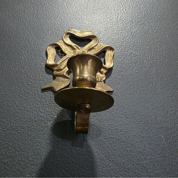 Set Of 2 Brass Bow Ribbon Taper Candle Holders Wall Sconce 5.5 X 3.5 Vintage - Picture 10 of 11